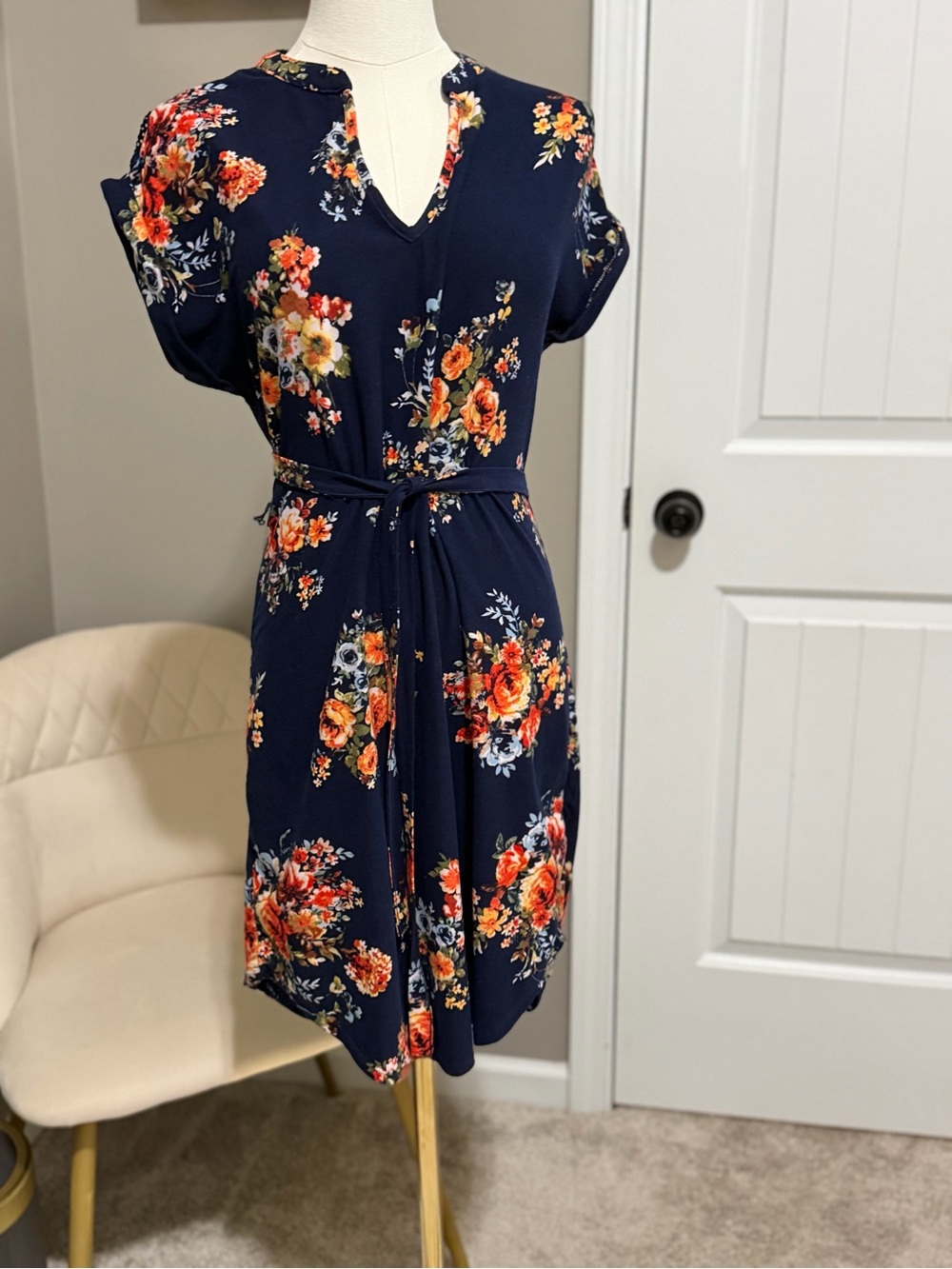 No Boundaries Navy Floral Tie-Waist Mini Dress